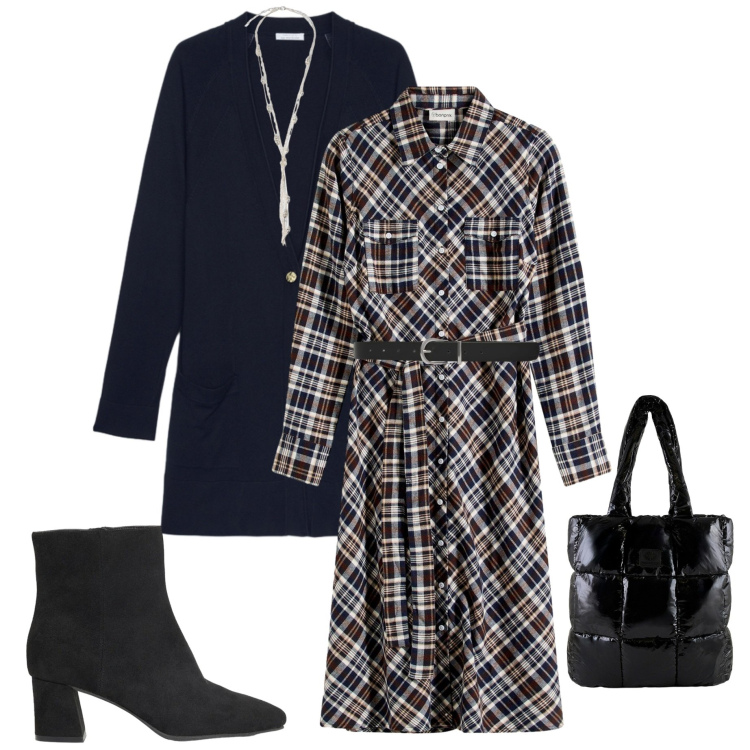 Outfit donna - Eleganza per il rientro. Stile Urban per Ufficio. Abbinamento con vestiti chemisier, stivaletti, cinture, collane, cardigans, shopping bag.