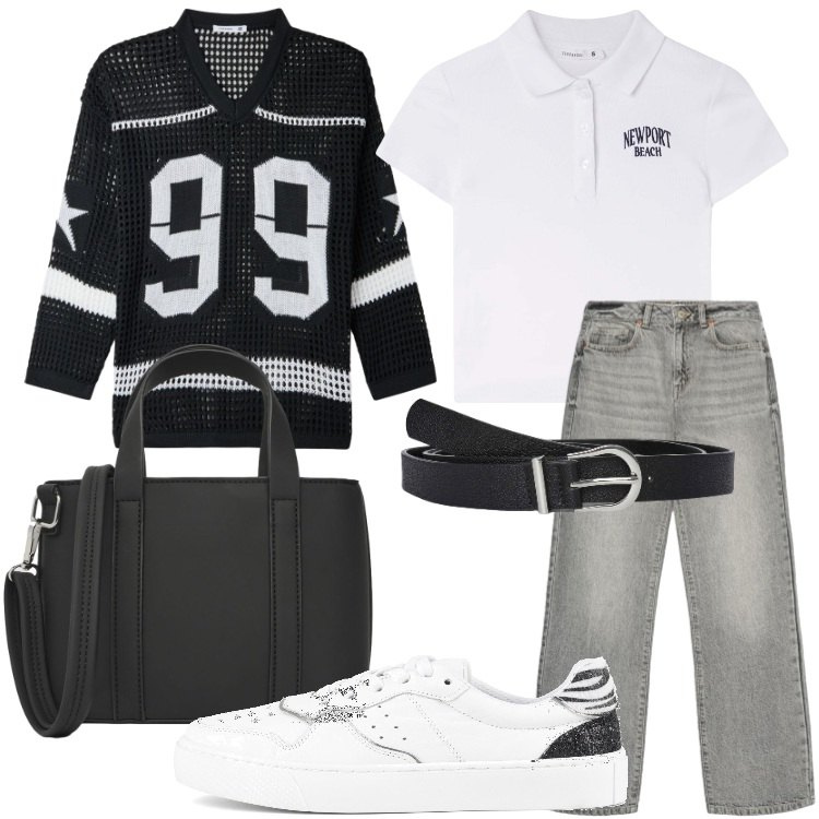 Outfit donna - Back to School. Stile Preppy per Scuola/Università. Abbinamento con cinture, polo, maglieria, borse a tracolla, jeans dritti, sneakers.