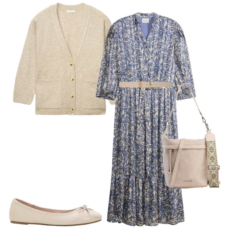 Outfit donna - Eleganza per il rientro. Stile Casual chic per Ufficio. Abbinamento con vestiti chemisier, ballerine, borse a tracolla, cardigans, cinture.