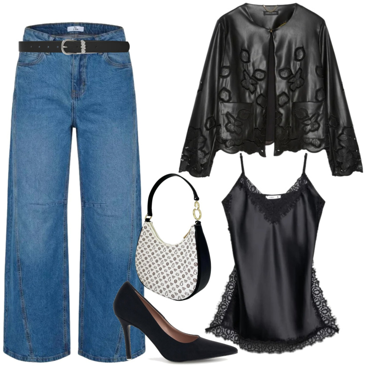 Outfit donna - Top con pizzo nero e jeans. Stile Casual chic per Tutti i giorni. Abbinamento con cinture, top, jeans, blazer, borse a spalla, décolleté.