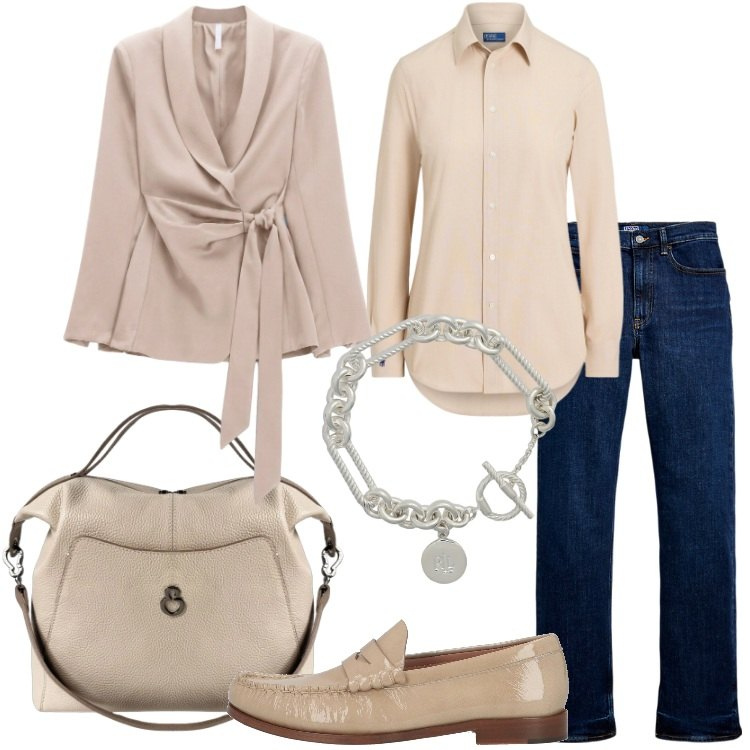 Outfit donna - Denim e colori neutri - @laurafo. Stile Casual chic per Scuola/Università. Abbinamento con mocassini, blazer, borse a mano, braccialetti, jeans dritti, camicie.