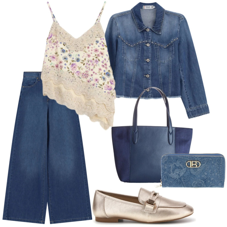 Outfit donna - Blu denim e top con bordo in pizzo. Stile Casual per Tutti i giorni. Abbinamento con shopping bag, jeans, top, blazer, portafogli, mocassini.