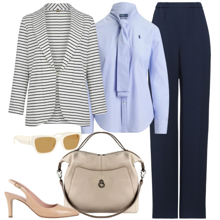 Outfit donna - Back to office chic. Stile Casual chic per Ufficio. Abbinamento con pantaloni, décolleté, blazer, borse a mano, occhiali da sole, camicie.