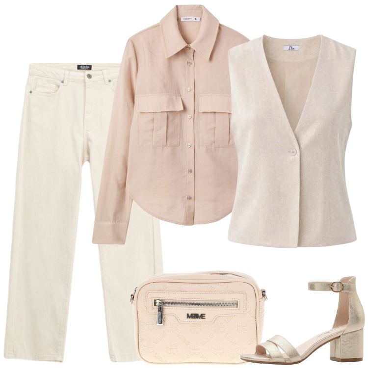 Outfit donna - Avorio a settembre @laloba. Stile Casual chic per Ufficio. Abbinamento con sandali col tacco, camicie, gilet, jeans dritti, borse a tracolla.