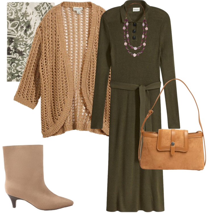 Outfit donna - Eleganza per il rientro. Stile Casual chic per Ufficio. Abbinamento con cardigans, vestiti midi/longuette, stivaletti, foulard, collane, borse a tracolla.