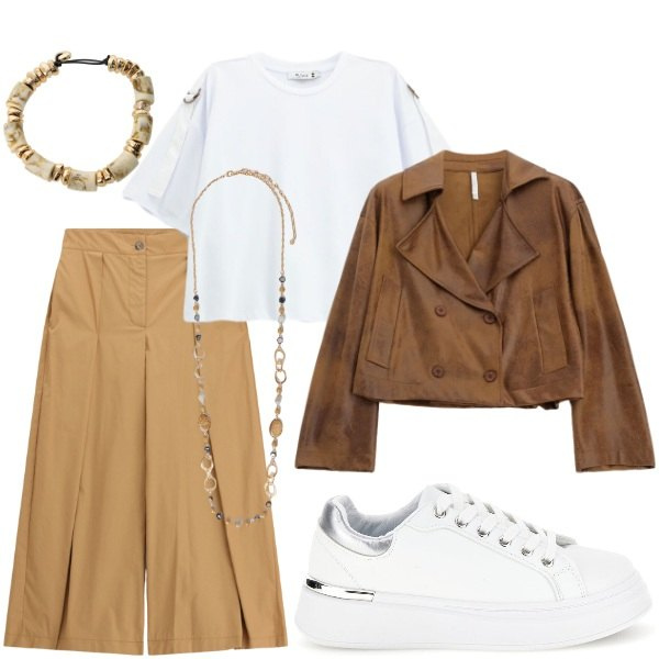 Outfit donna - Al lavoro. Stile Casual chic per Tutti i giorni. Abbinamento con giacche, braccialetti, pantaloni a palazzo, t-shirt, collane, sneakers.