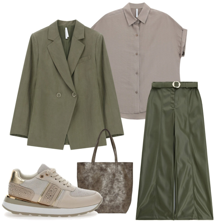 Outfit donna - Settembre. Stile Casual chic per Tutti i giorni. Abbinamento con camicie a manica corta, blazer, pantaloni, shopping bag, sneakers.