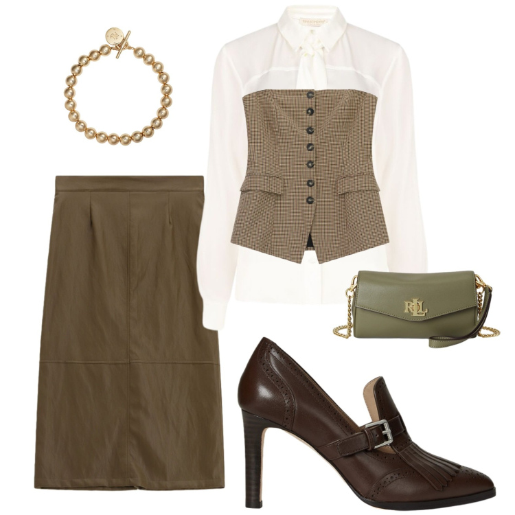 Outfit donna - Back to office. Stile Chic per Ufficio. Abbinamento con top, gonne longuette, camicie, portafogli, décolleté, braccialetti.