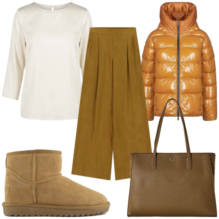 Outfit donna - Total look #2463316. Stile Casual per Ufficio. Abbinamento con shopping bag, pantaloni a palazzo, piumini, bluse, stivali.
