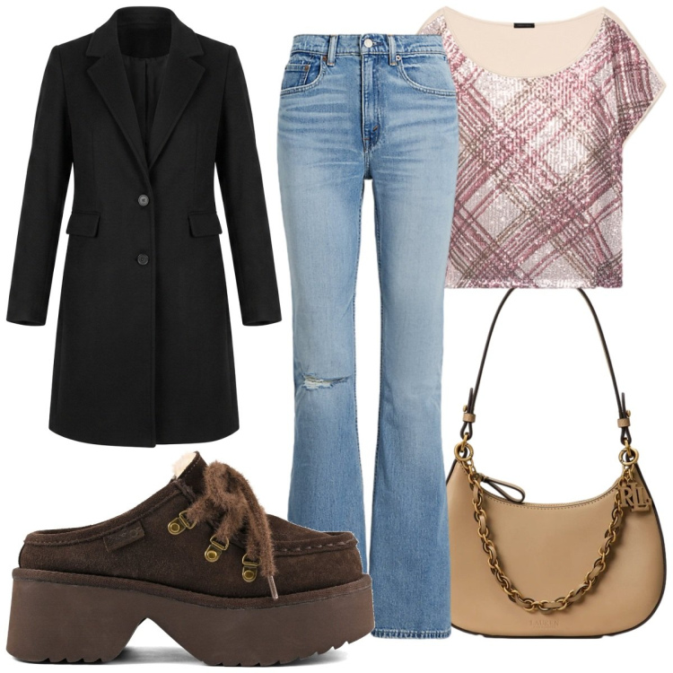 Outfit donna - Total look #2463317. Stile 70s per Tutti i giorni. Abbinamento con t-shirt, cappotti, jeans, borse a spalla, sabot.