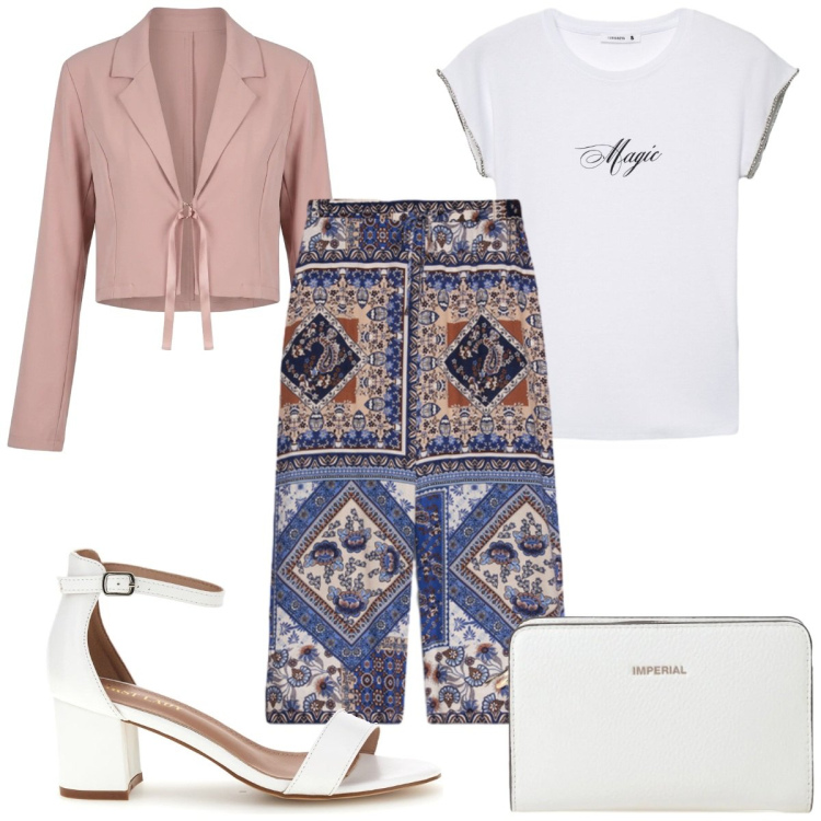 Outfit donna - Total look #2463322. Stile Trendy per Tutti i giorni. Abbinamento con t-shirt, borse a tracolla, pantaloni, bolero, sandali col tacco.