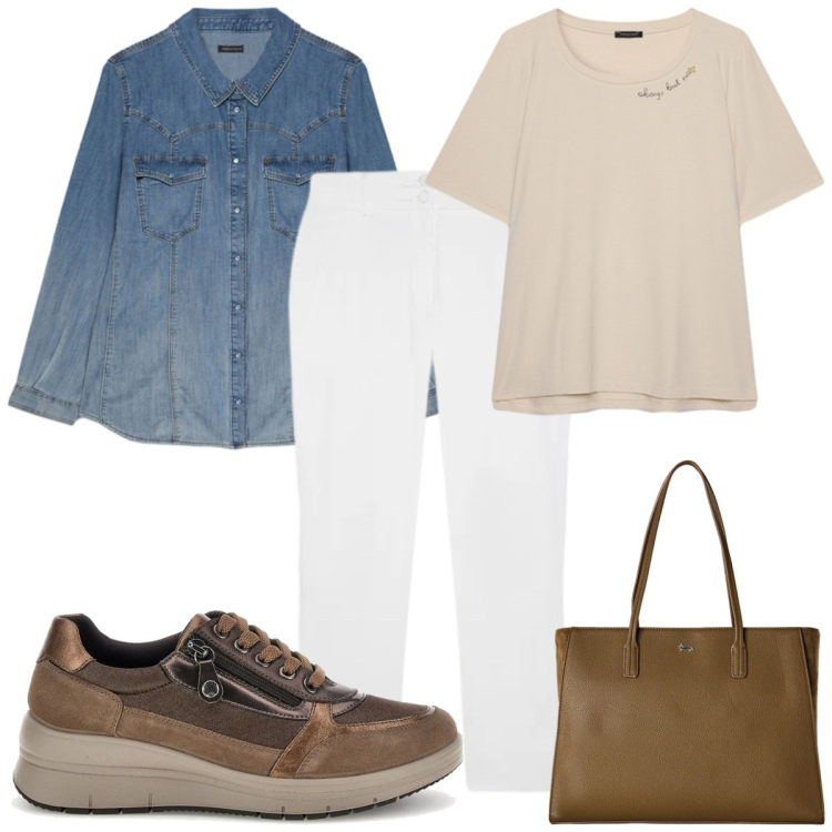 Outfit donna - Total look #2463323. Stile Trendy per Tutti i giorni. Abbinamento con shopping bag, t-shirt, pantaloni, camicie, sneakers.