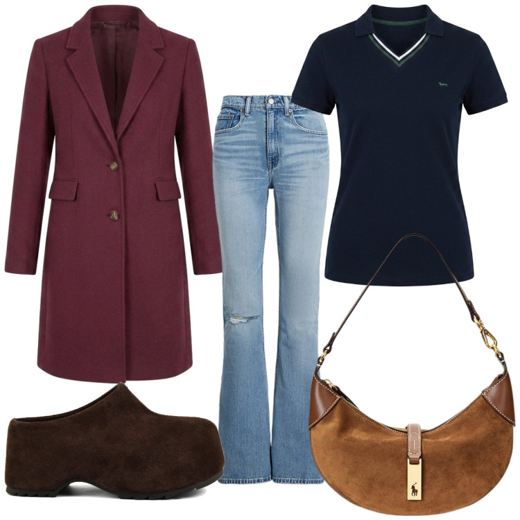 Outfit donna - Total look #2463324. Stile Casual per Tutti i giorni. Abbinamento con polo, cappotti, borse a spalla, jeans, zoccoli.