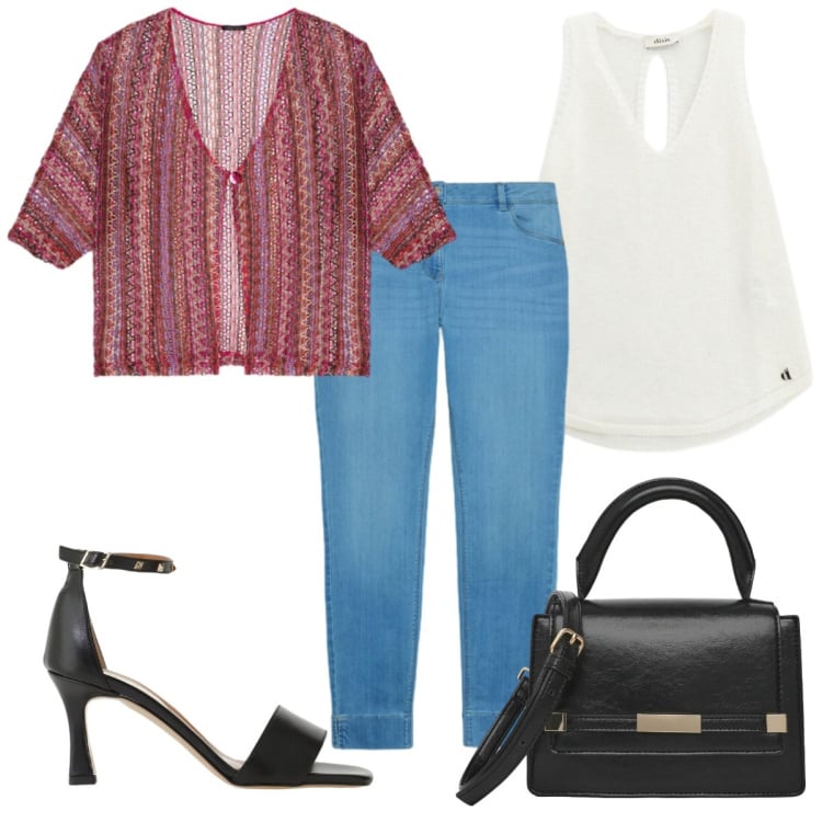 Outfit donna - Total look #2463325. Stile Casual chic per Tutti i giorni. Abbinamento con sandali col tacco, canottiere, borse a spalla, kimono, jeans skinny.