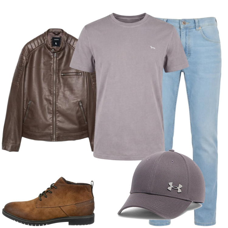 Outfit uomo - Total look #2463333. Stile Urban per Tutti i giorni. Abbinamento con jeans, t-shirt, giacche, scarpe stringate, cappelli con visiera.