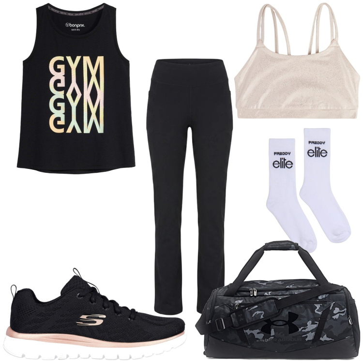 Outfit donna - Ritorno in palestra. Stile Sporty chic per Sport. Abbinamento con top sportivi, top sportivi, calzini, scarpe sportive, pantaloni, borse sportive.