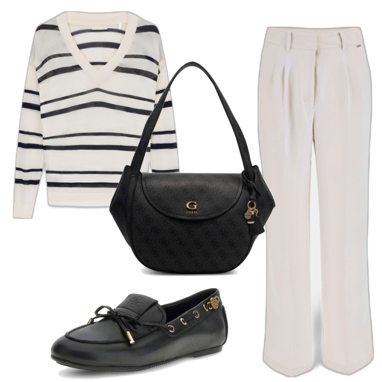 Outfit mujer - Bon ton. Estilo Bon Ton para Todos los días. Combinación con bolsos de hombro, prendas de punto, mocasines, pantalones.