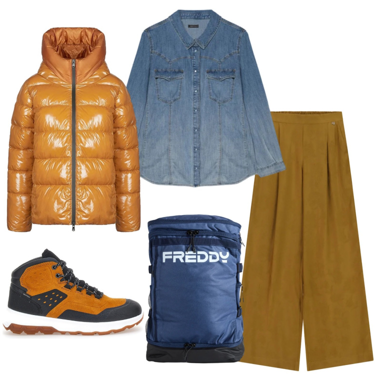 Outfit donna - Escursione in montagna. Stile Casual per Tutti i giorni. Abbinamento con zaini, pantaloni a palazzo, piumini, camicie, scarpe sportive.