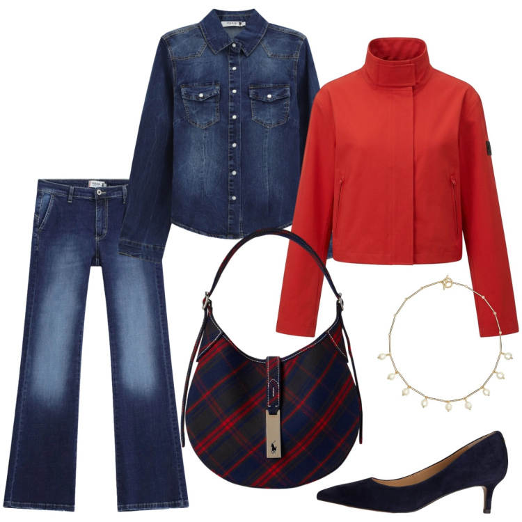 Outfit donna - Total denim. Stile Trendy per Tutti i giorni. Abbinamento con camicie, jeans, blazer, décolleté, borse a spalla, collane.