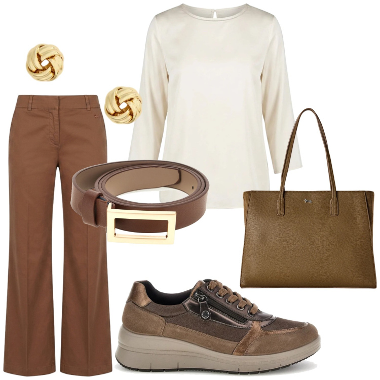 Outfit donna - Total look #2463348. Stile Basic per Ufficio. Abbinamento con pantaloni, shopping bag, bluse, orecchini, cinture, sneakers.