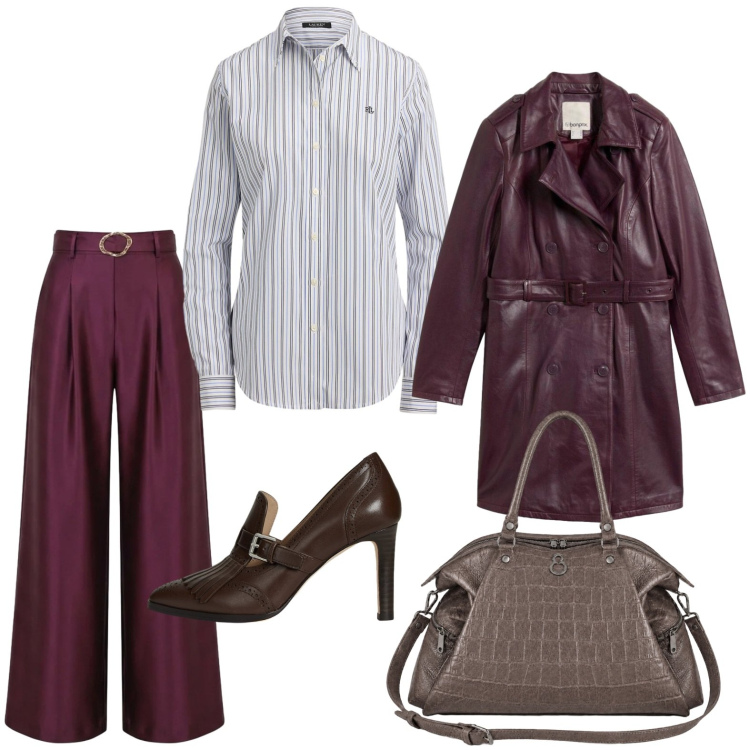 Outfit donna - Office style. Stile Urban per Ufficio. Abbinamento con trench, pantaloni a palazzo, shopping bag, décolleté, camicie.