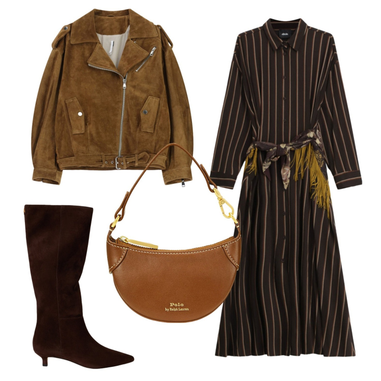 Outfit donna - Mezzaluna. Stile Trendy per Tutti i giorni. Abbinamento con giacche, vestiti lunghi, borse a tracolla, stivali.