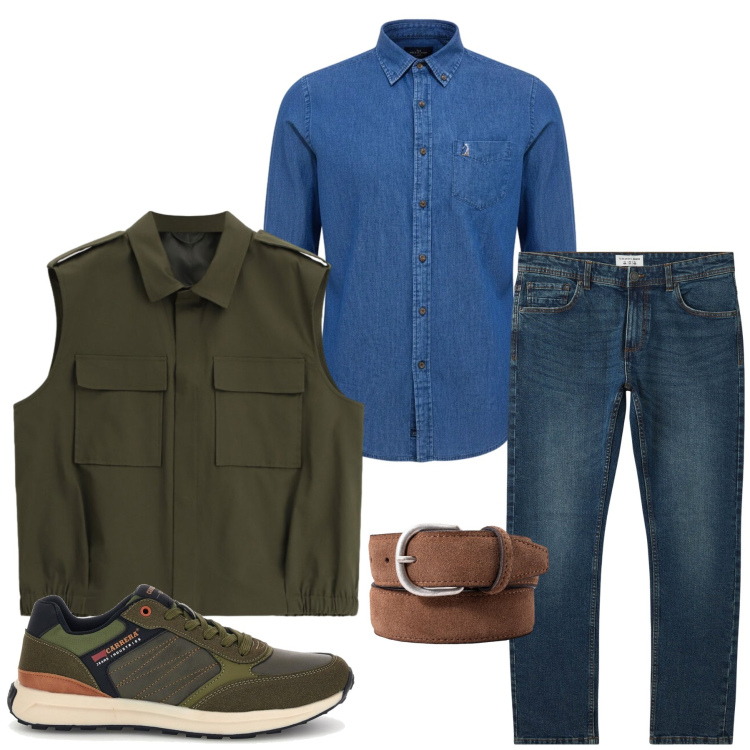 Outfit uomo - Total look #2463353. Stile Casual per Tutti i giorni. Abbinamento con gilet, jeans, cinture, camicie, sneakers.