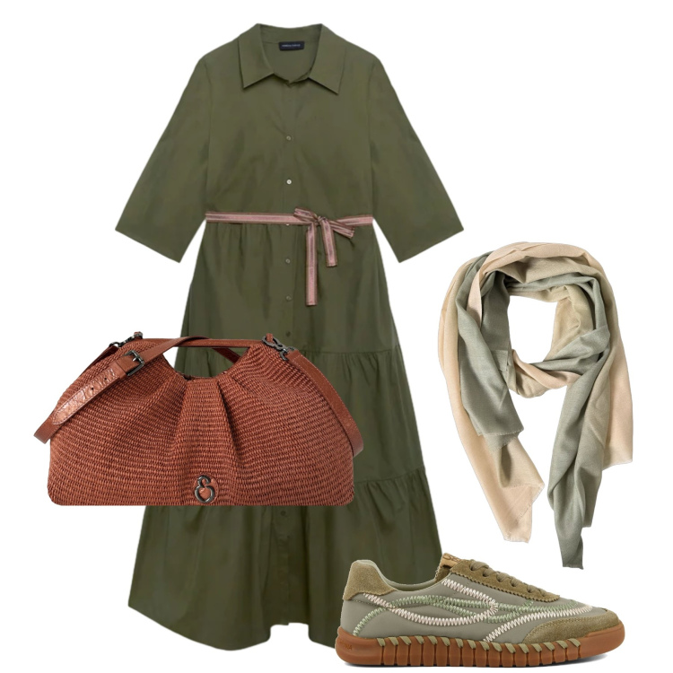 Outfit donna - Settembre. Stile Trendy per Tutti i giorni. Abbinamento con vestiti chemisier, foulard, clutch, sneakers.