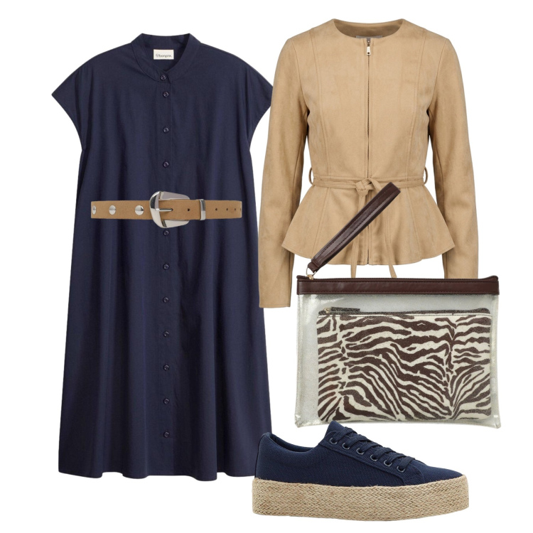 Outfit donna - Settembre. Stile Casual chic per Tutti i giorni. Abbinamento con sneakers, vestiti chemisier, pochette, cinture, blazer.