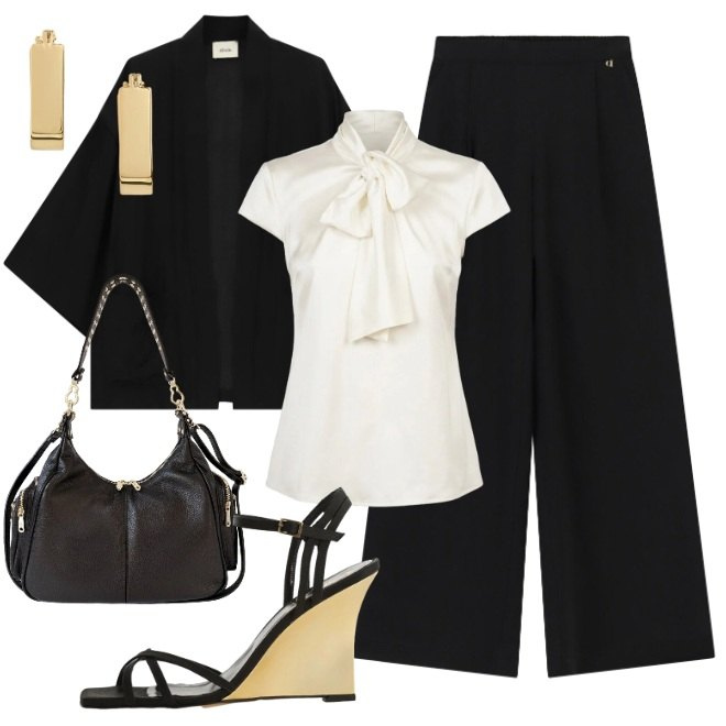 Outfit donna - Giacca kimono. Stile Glamour per Ufficio. Abbinamento con sandali col tacco, pantaloni a palazzo, blazer, borse a spalla, camicie, orecchini.
