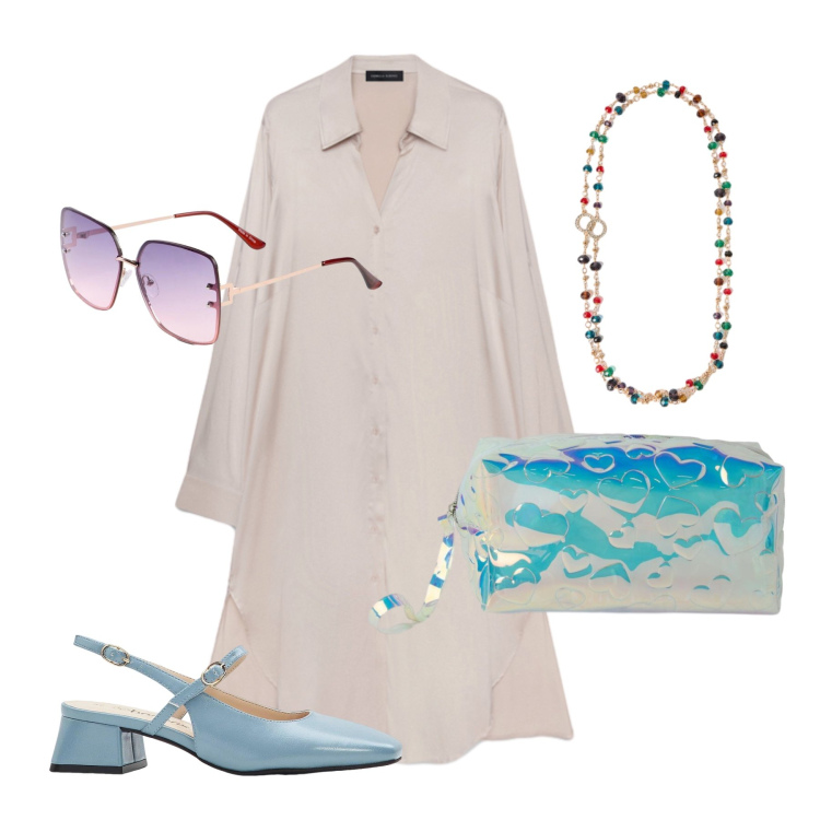 Outfit donna - Settembre. Stile Glamour per Tutti i giorni. Abbinamento con décolleté, occhiali da sole, pochette, vestiti chemisier, collane.