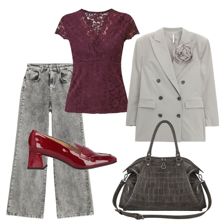 Outfit donna - Serata al cinema. Stile Urban per Tutti i giorni. Abbinamento con mocassini, blazer, jeans, top, shopping bag.