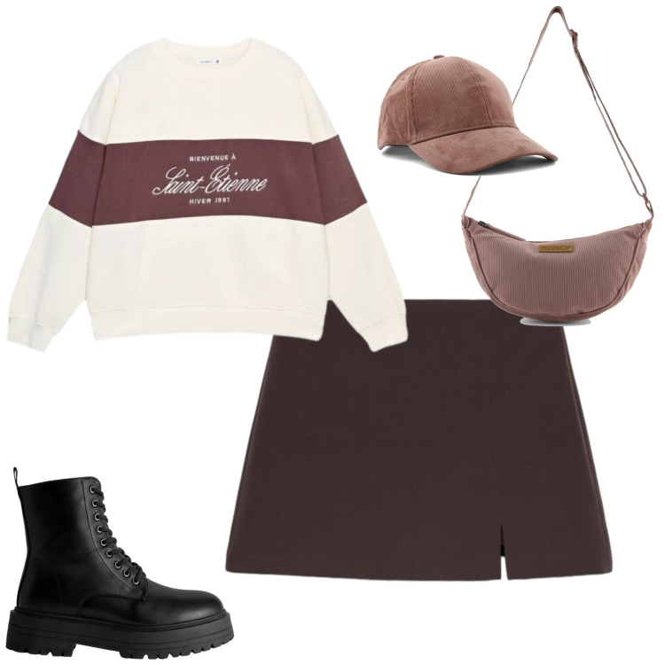 Outfit donna - Back to school. Stile Preppy per Scuola/Università. Abbinamento con anfibi, minigonne, felpe, cappelli con visiera, borse a tracolla.