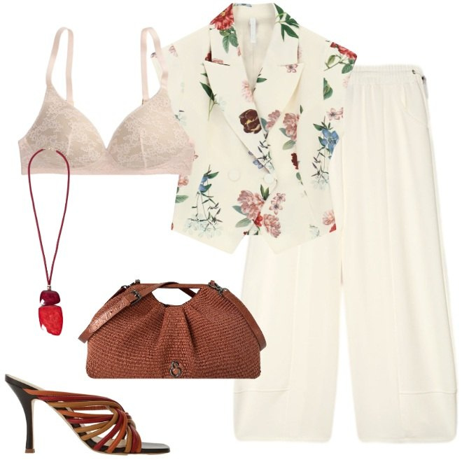 Outfit donna - Fiori su avorio curvy style. Stile Glamour per Serata fuori. Abbinamento con gilet, sandali col tacco, ciondoli, pantaloni, clutch, reggiseni.