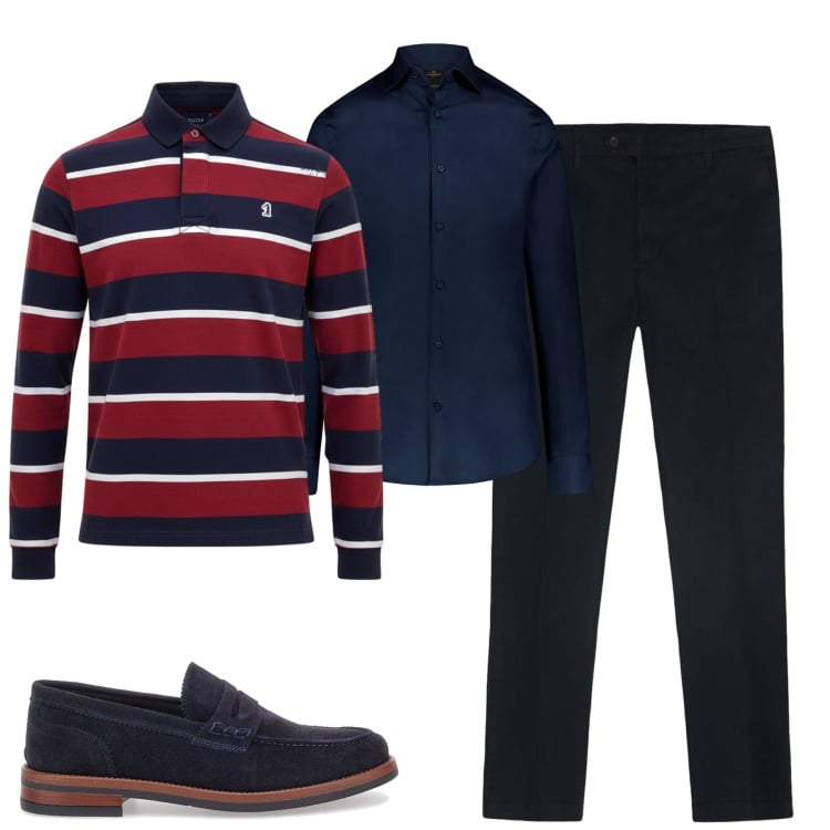 Outfit uomo - Early fall. Stile Casual per Tutti i giorni. Abbinamento con camicie, pantaloni, scarpe stringate, polo.