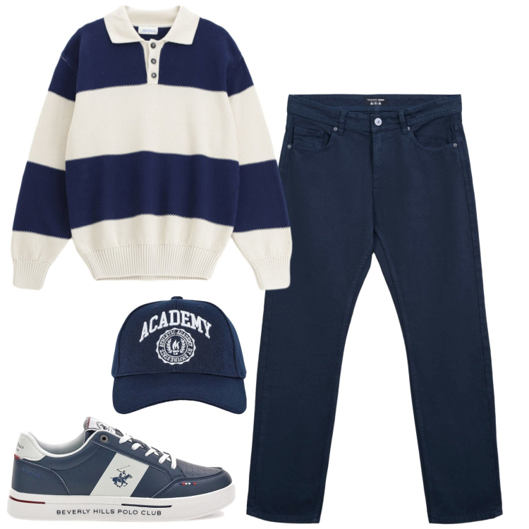Outfit uomo - Settembre. Stile Casual per Tutti i giorni. Abbinamento con maglieria, cappelli con visiera, jeans dritti, sneakers.