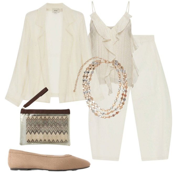 Outfit donna - Sfumature di avorio con collana. Stile Casual chic per Tutti i giorni. Abbinamento con ballerine, pantaloni a palazzo, blazer, pochette, canottiere, collane.