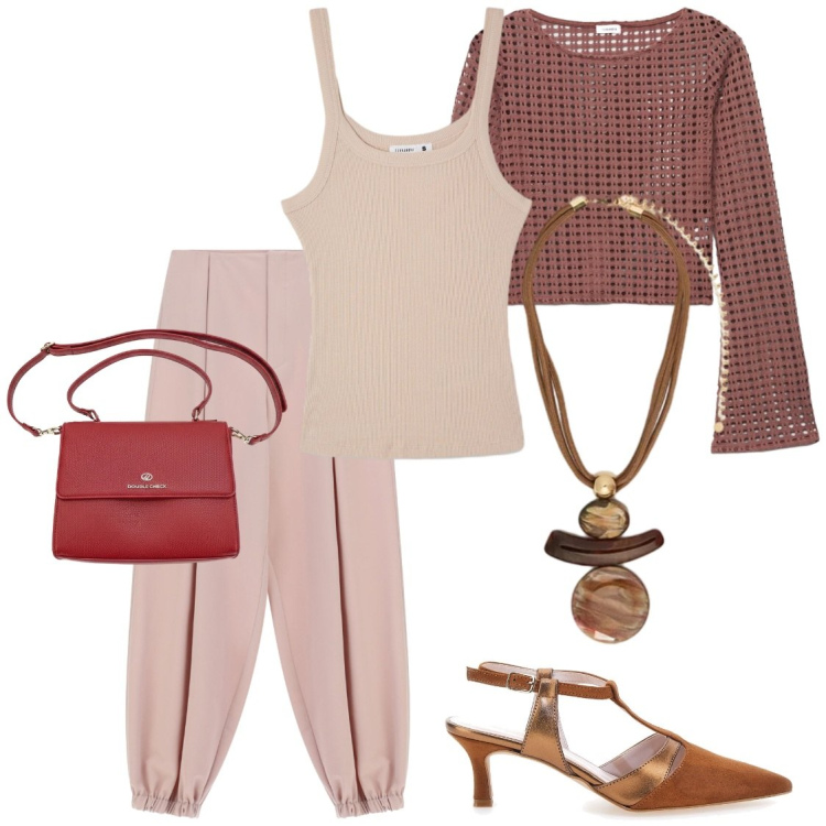 Outfit donna - Crochet in ufficio a settembre. Stile Glamour per Ufficio. Abbinamento con pantaloni, maglieria, canottiere, ciondoli, décolleté, borse a tracolla.
