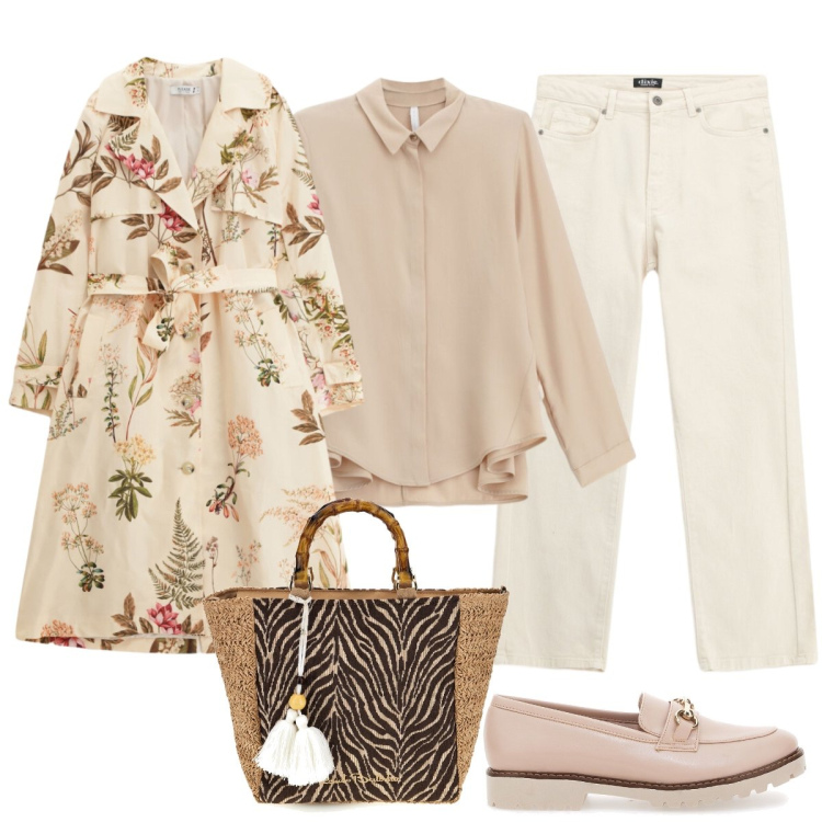 Outfit donna - In giro per la città. Stile Glamour per Tutti i giorni. Abbinamento con camicie, jeans dritti, trench, mocassini, borse a mano.