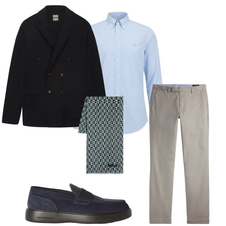 Outfit uomo - Total look #2463432. Stile Business/Elegante per Ufficio. Abbinamento con sciarpe, scarpe stringate, camicie, cardigans, pantaloni.