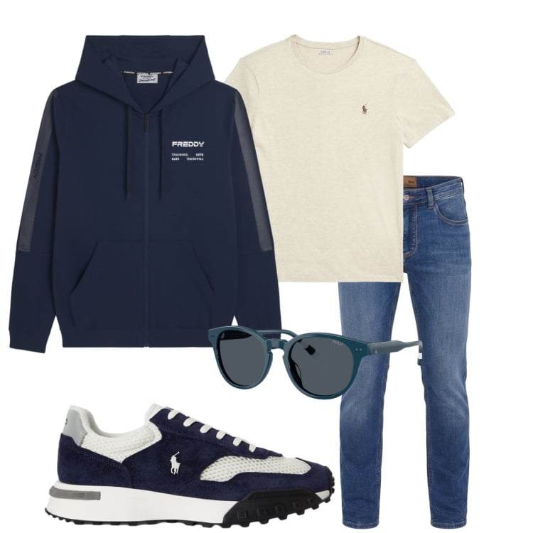 Outfit uomo - Passeggiata. Stile Urban per Tutti i giorni. Abbinamento con jeans, felpe con cappuccio, t-shirt, occhiali da sole, sneakers.