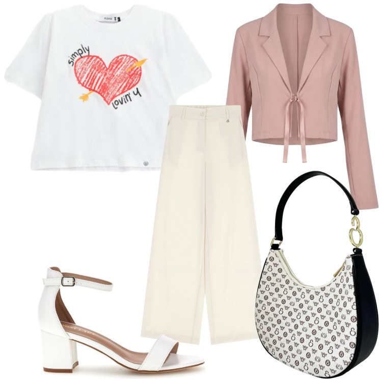 Outfit donna - Total look #2463435. Stile Romantica per Tutti i giorni. Abbinamento con pantaloni a palazzo, t-shirt, borse a spalla, bolero, sandali col tacco.