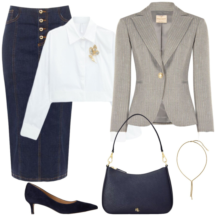 Outfit donna - Tubino di jeans e blazer gessato. Stile Chic per Ufficio. Abbinamento con camicie, gonne longuette, blazer, borse a spalla, collane, décolleté.