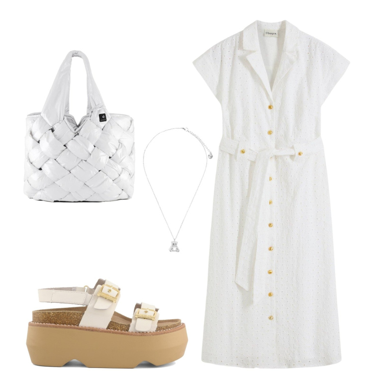 Outfit donna - Chemisier primi settembre. Stile Casual chic per Tutti i giorni. Abbinamento con vestiti chemisier, ciondoli, borse tote, zeppe.