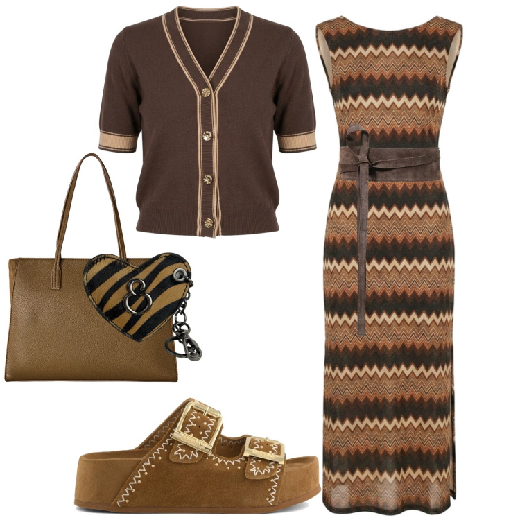 Outfit donna - Rientro. Stile Casual per Tutti i giorni. Abbinamento con shopping bag, cinture, portachiavi, vestiti lunghi, cardigans, zeppe.