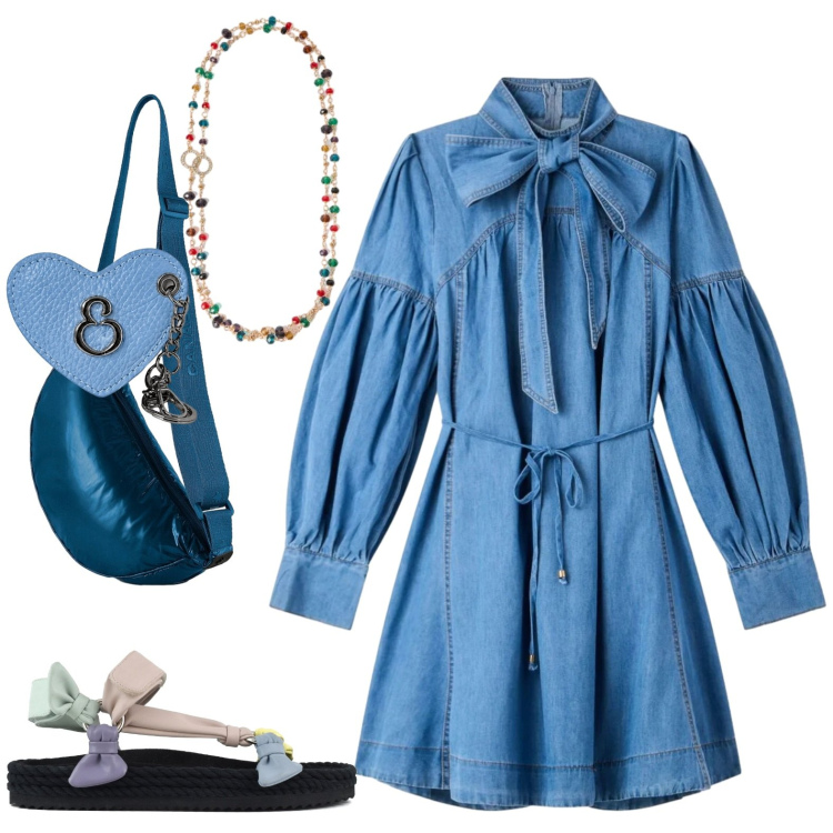 Outfit donna - Primi giorni settembre. Stile Casual per Tutti i giorni. Abbinamento con vestiti chemisier, collane, portachiavi, borse a tracolla, sandali.