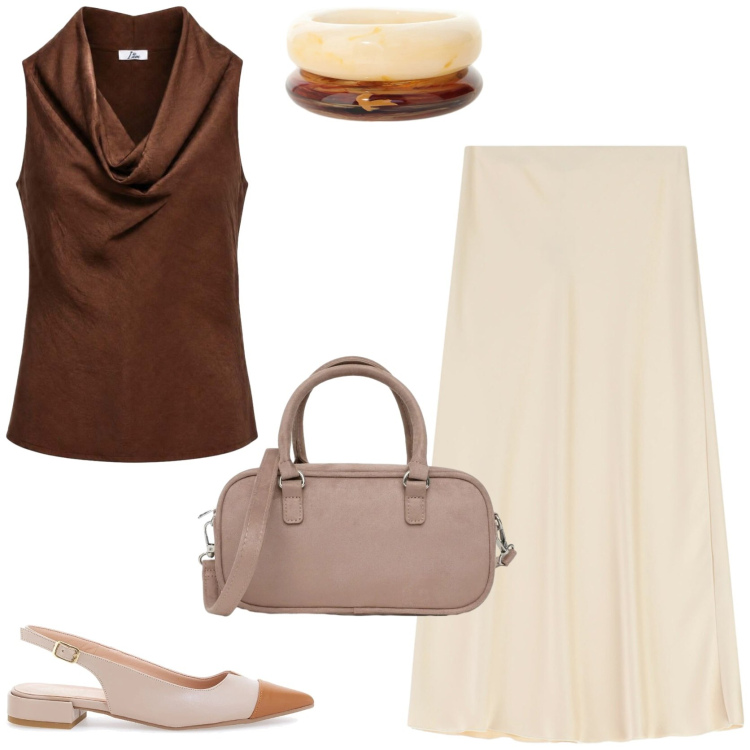 Outfit donna - Declinazioni in avorio. Stile Chic per Tutti i giorni. Abbinamento con gonne lunghe, braccialetti, borse a tracolla, canottiere, ballerine.
