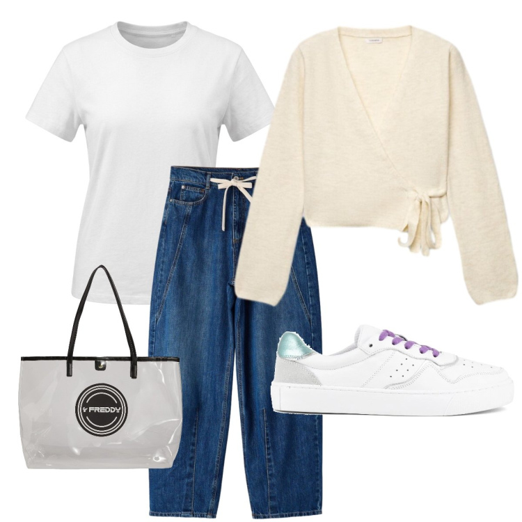 Outfit donna - Tutti a scuola. Stile Basic per Scuola/Università. Abbinamento con jeans, cardigans, shopping bag, t-shirt, sneakers.