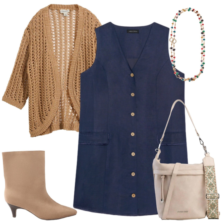 Outfit donna - Total look #2463471. Stile Casual chic per Tutti i giorni. Abbinamento con cardigans, stivaletti, borse a tracolla, vestiti chemisier, collane.