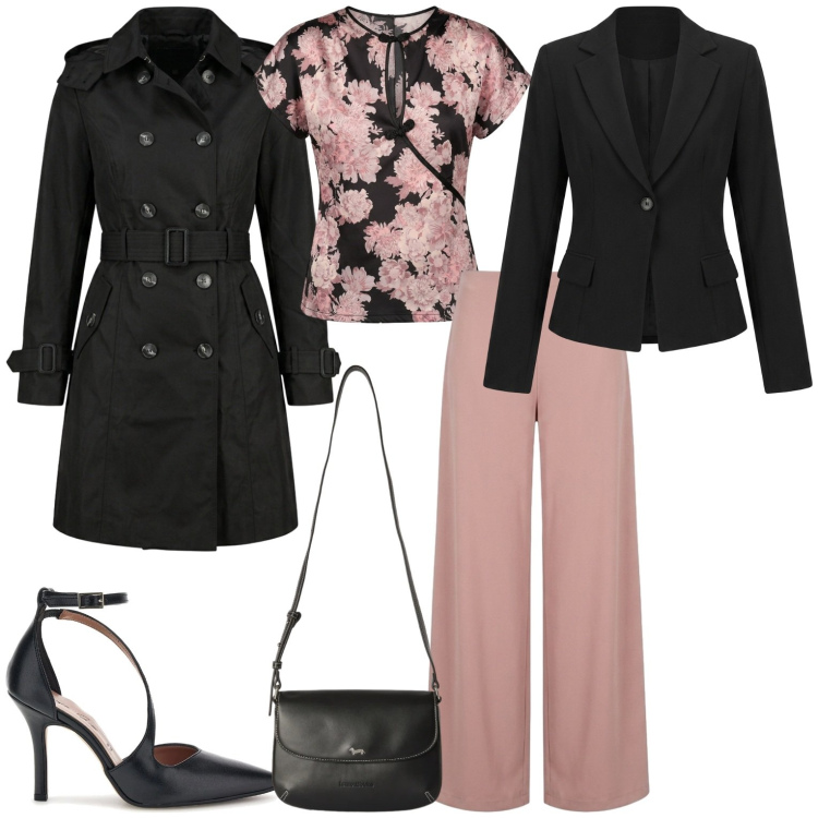 Outfit donna - Eleganza ogni giorno. Stile Casual chic per Tutti i giorni. Abbinamento con borse a tracolla, top, pantaloni a palazzo, trench, blazer, décolleté.